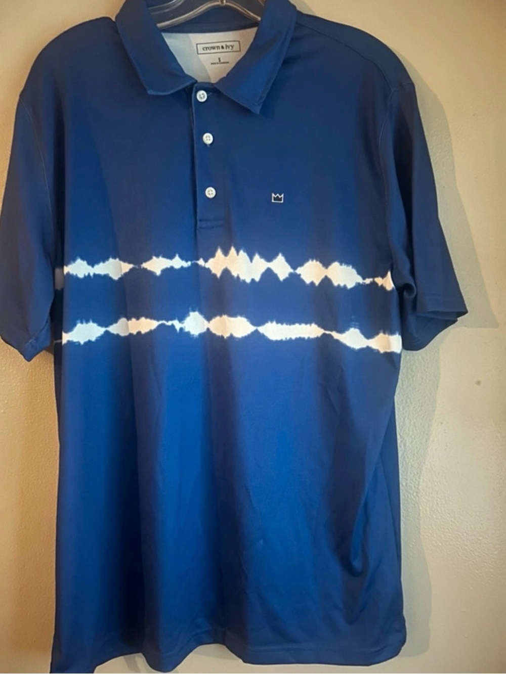 crown & ivy Blue Polo with White Horizontal Tie-Dye Bands